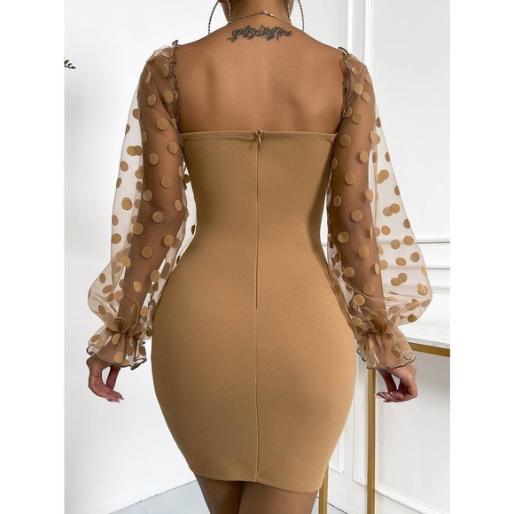 Sweetheart Neck Flounce Sleeve Bodycon Dress sheer long sleeve black butterfly - Picture 7 of 11